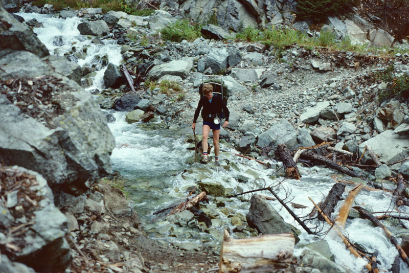 Marj and Micki fording stream.