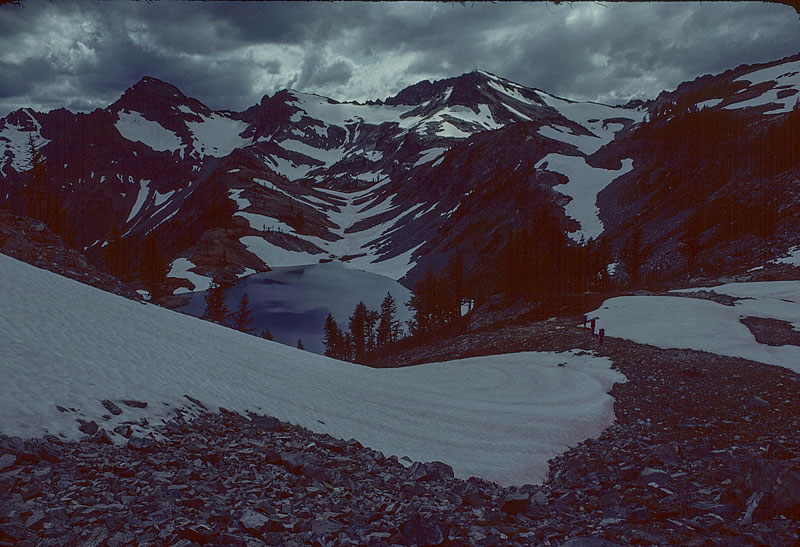 Looking back at Lower Ice Lake.  You can barely see some of the boyz heading down on the rocks, between the two snowfields.