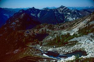 No Name Lake (center) from buttress above Jade Lake