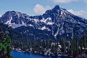 Rachle Lake and Hibox Mtn. from halfway up cliff face